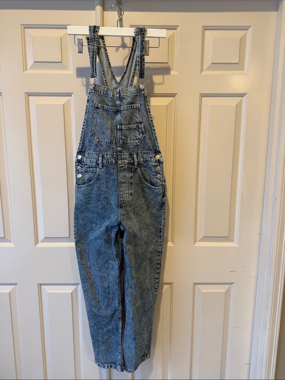 We The Free Light Acid Wash Denim Overalls - Blue Gray